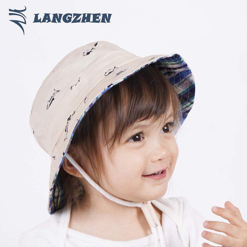 LANGZHEN Sun Protection Hat for Kids Toddler Boys Girls Wide Brim Summer Outdoor hat Cotton Baby Bucket Hat with Chin Strap (Beige - Fish, M: 1T-2T (50cm /19.7")) - Image 3